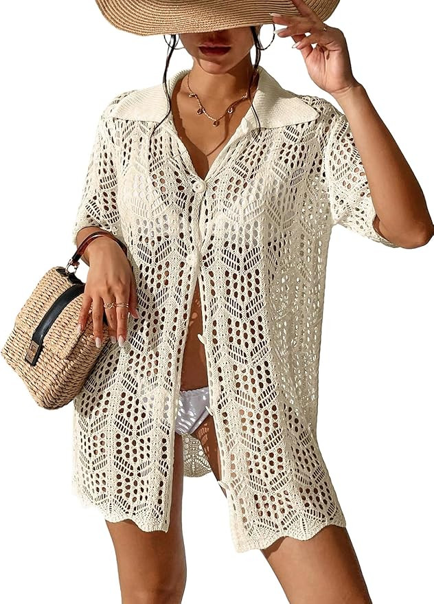 SOLY HUX Women's Button Down Hollow Out Crochet Swimsuits Cover Ups Kimono Short Sleeve Sheer Bea... | Amazon (US)