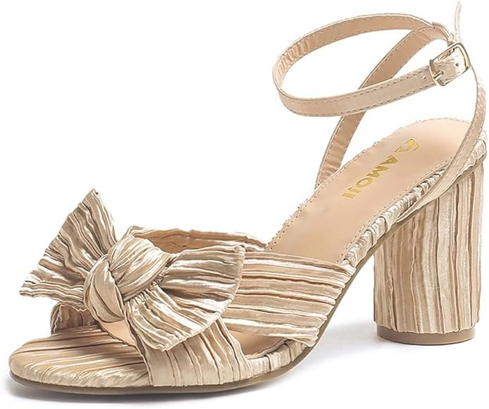 Amoji Women's Satin Block Heeled 3 Inch-4 Inch Sandal Bowknot Pleated Ankle Strap for Wedding Par... | Amazon (US)
