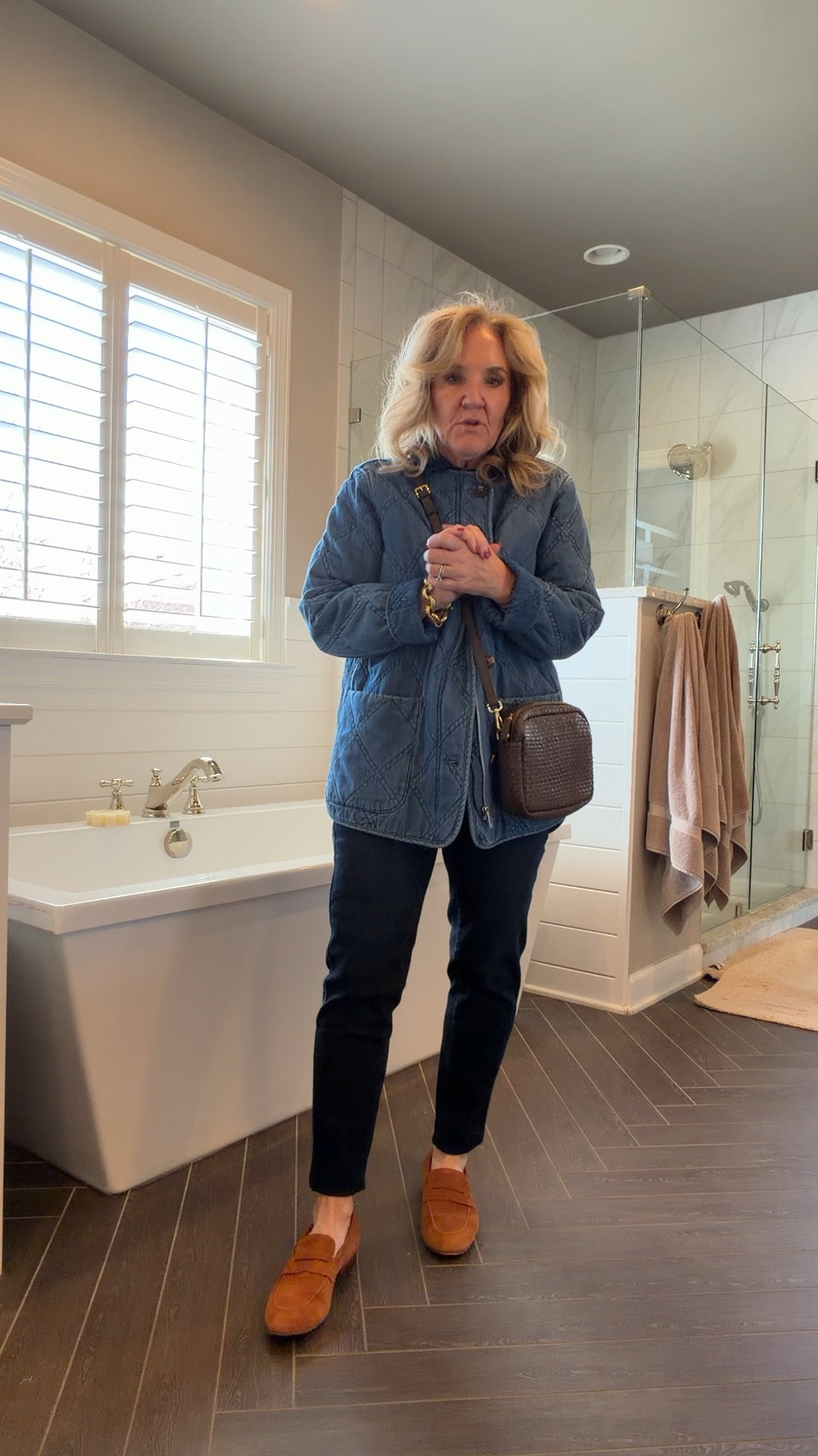 Chicos skinny jeans. I did turn under the hem about an inch. And I should have sized down. They’re pretty big in the waist. 
Love this knit top! Looks like a blouse styling. Size 1.0
Quilted denim jacket size medium


#LTKOver40 #LTKootd #LTKSaleAlert