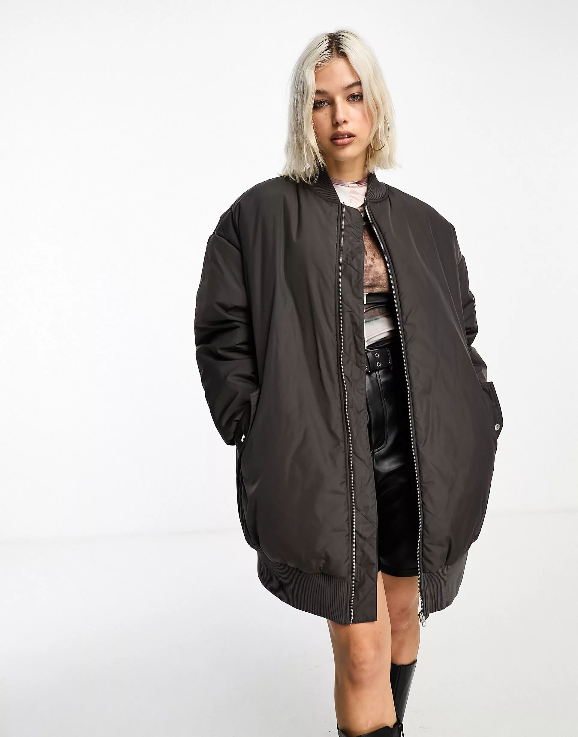 COLLUSION longline bomber jacket in chocolate brown | ASOS (Global)