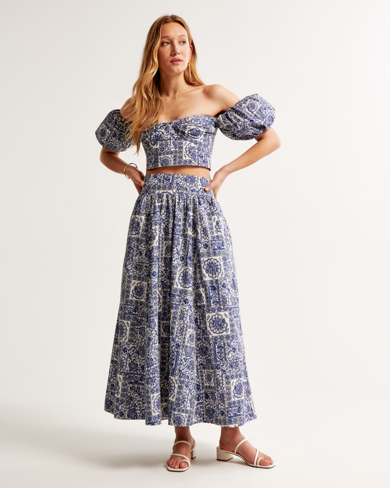 Pattern Mixed Poplin Tiered Maxi Skirt | Abercrombie & Fitch (US)