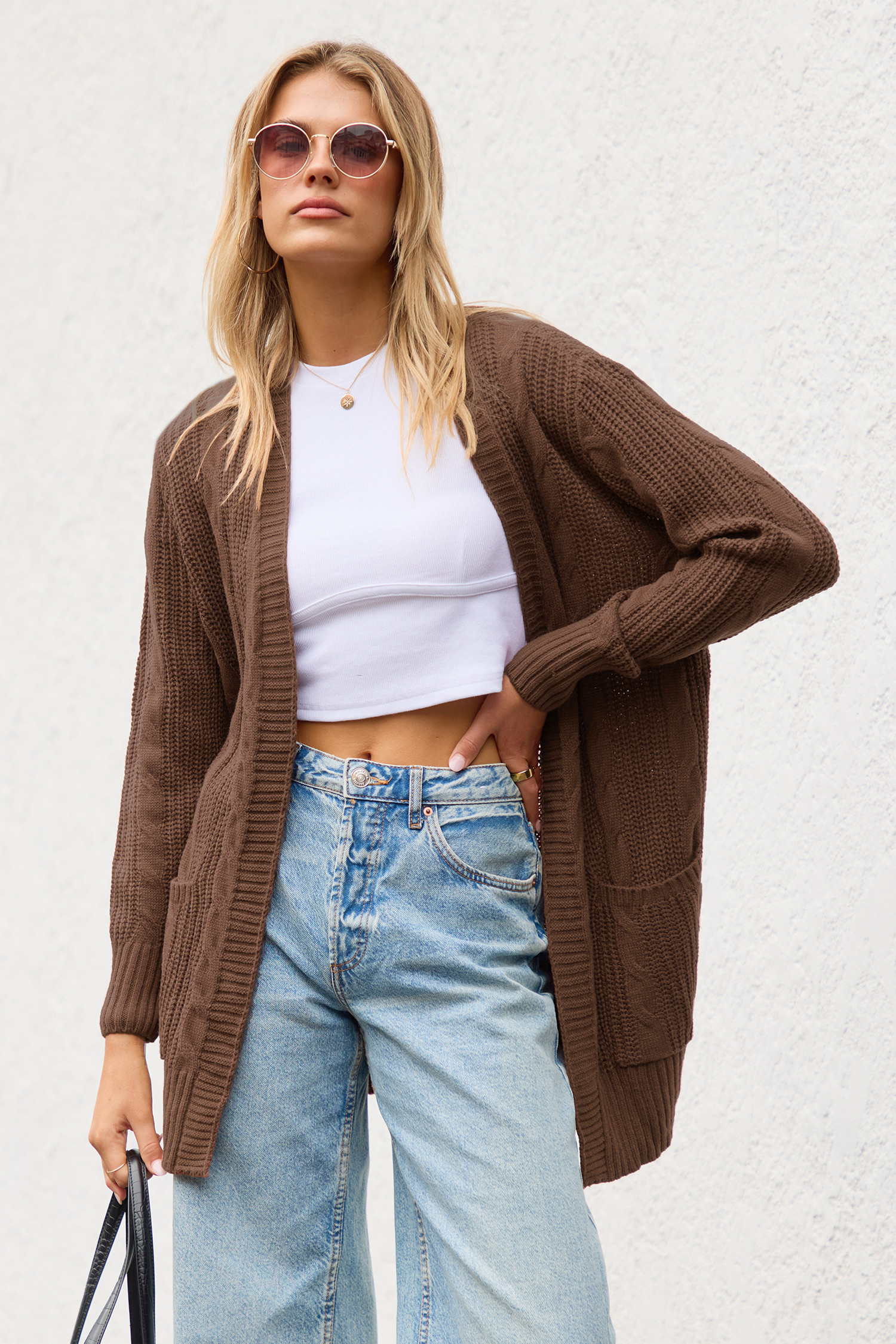 Brown Open Front Long Sleeve Knit Cardigan - S | Cupshe US