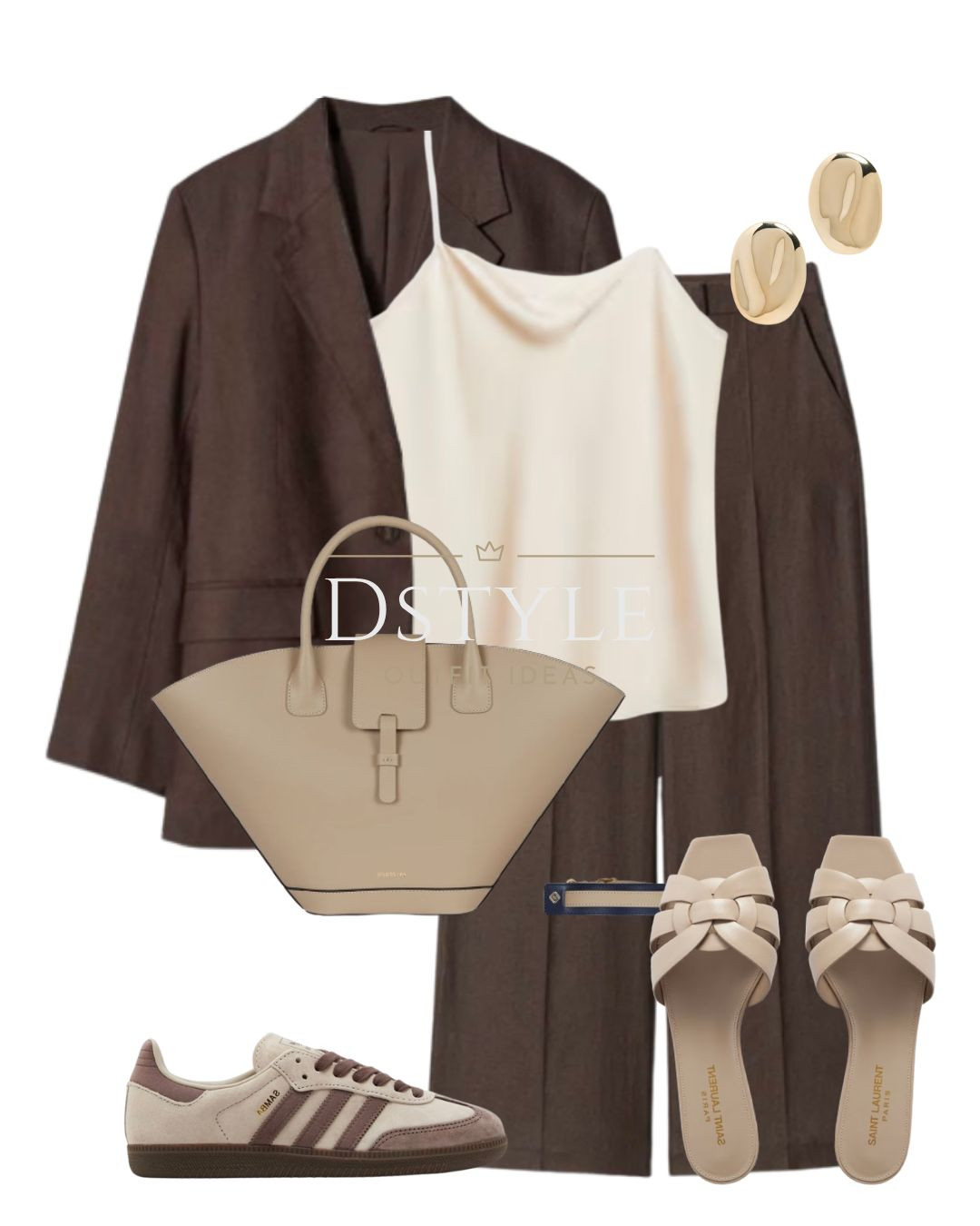 Dark brown linen blazer, dark brown tailored linen trousers/ pants, beige satin top with draped neckline, Paris64 Lumière taupe bag, brown Adidas samba, beige woven leather slides. 

 #LTKWorkwear #LTKShoeCrush #LTKItBag