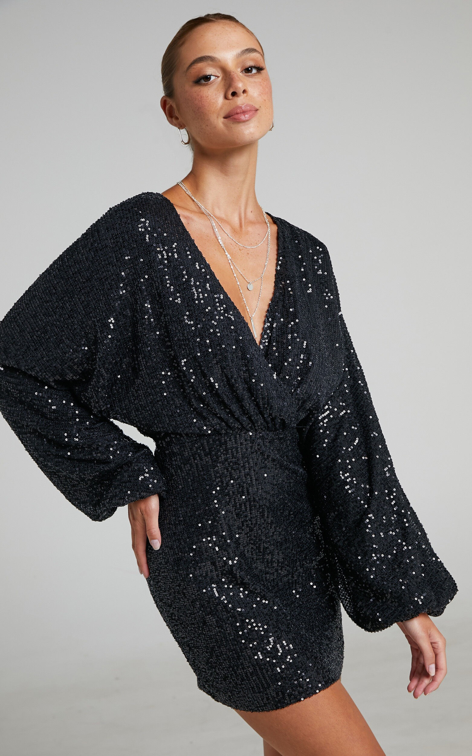 Erine Long Sleeve Sequin Dress in Black | Showpo | Showpo - deactived