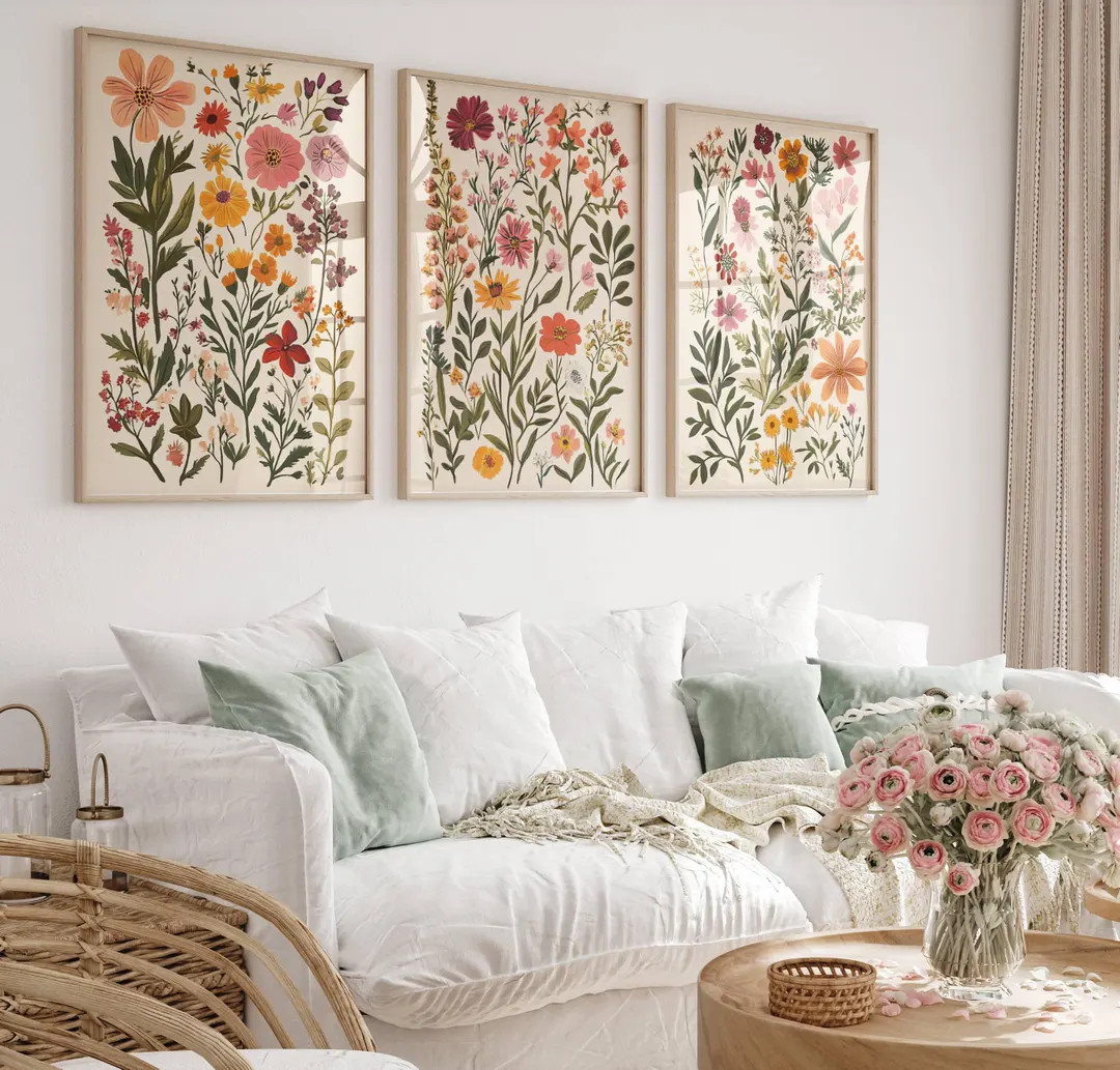 Colorful Wildflower Print Set of 3, Boho Floral Botanical Wall Art Printable, Floral Nursery Wall... | Etsy (US)