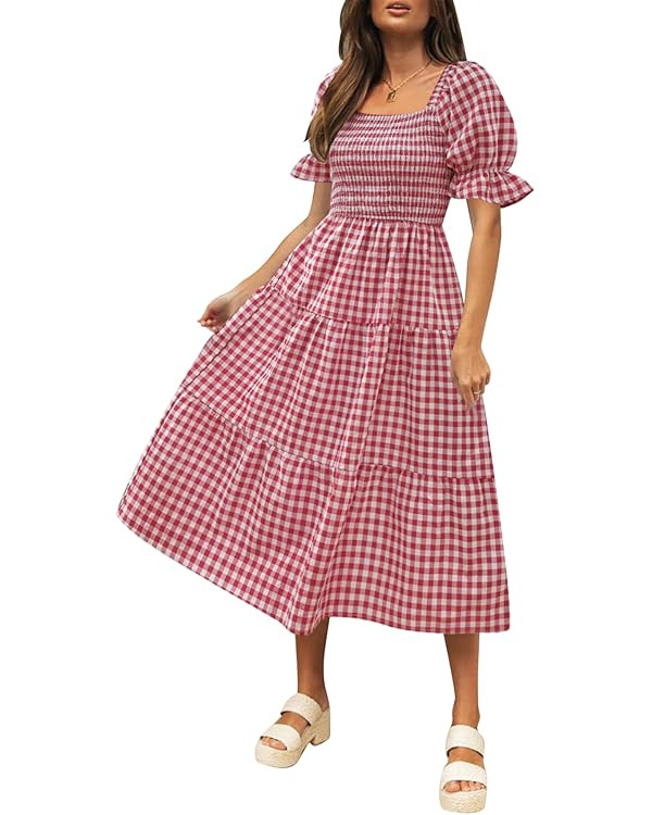 ZESICA Women's 2024 Bohemian Summer Plaid Square Neck Puff Sleeve Ruffle Flowy Beach Midi Dress | Amazon (US)