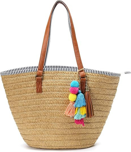 Epsion Straw Beach Bags Tote Tassels Bag Hobo Summer Handwoven Shoulder Bags Purse With Pom Poms | Amazon (US)