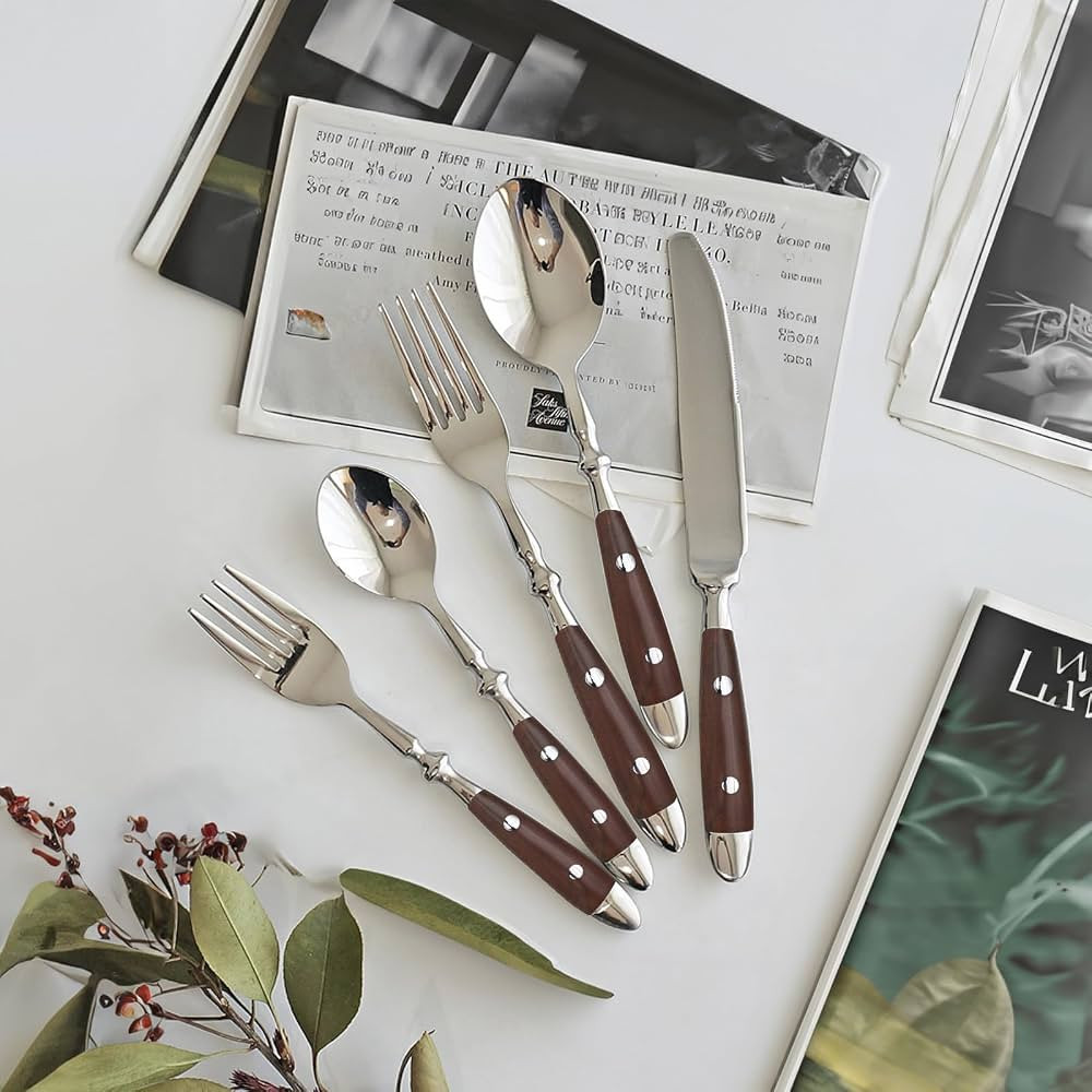 20-Piece Cutlery Set for 4, Bakelite Handle Silverware Set, Wood Grain Handle Rustic Stainless St... | Amazon (CA)