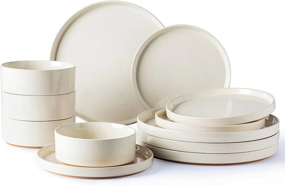 AmorArc Ceramic Dinnerware Set for 4 | Speckled Stoneware Plates and Bowls with unglazed terracotta | Scratch Resistant, Dishwasher & Microwave Safe Dishes Sets- 12-Pcs Beige | Amazon (US)