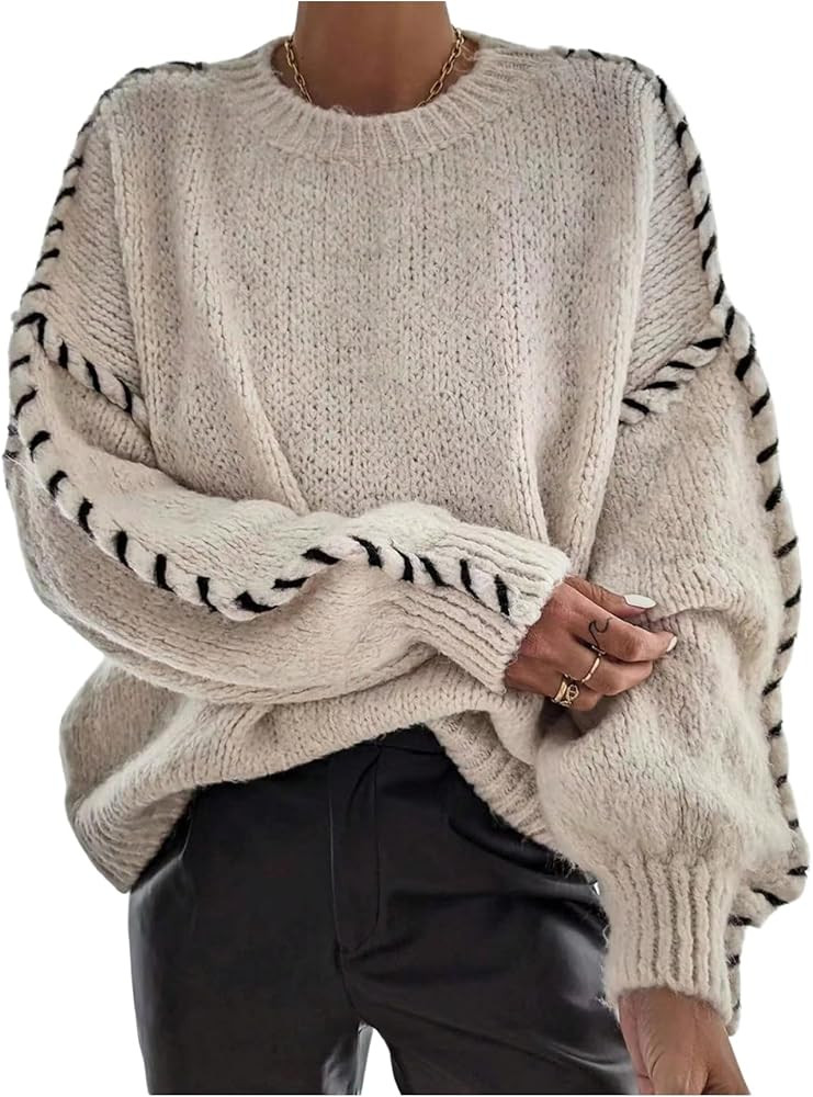 Women's Fall Oversized Sweaters Stitching Long Sleeve Crew Neck Baggy Knit Pullover Jumper Tops | Amazon (US)