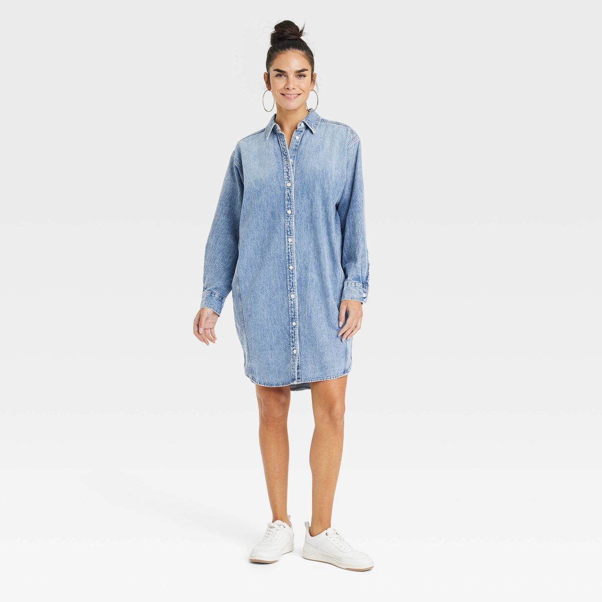 Women's Long Sleeve Mini Shirtdress - Universal Thread™ Indigo XS | Target