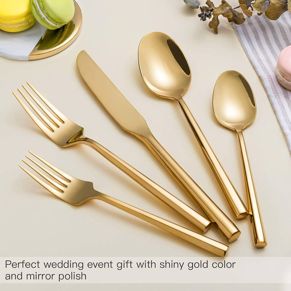 Silverware Set Flatware Set Shiny Gold Cutlery Set with Hexagon Handle Forged Stainless Steel Hea... | Amazon (US)