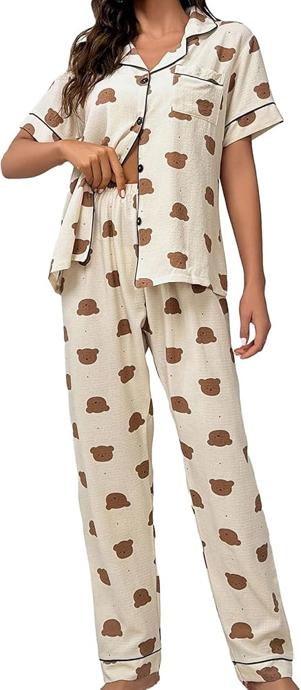 Verdusa Women's 2 Piece Pajama Sets Cute Printed Pj Sets Button Up Shirt with Pants Sets Beige M ... | Amazon (US)