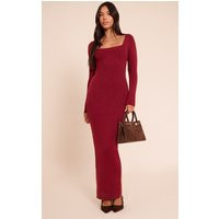 Burgundy Square Neck Knitted Maxi Dress | PrettyLittleThing US