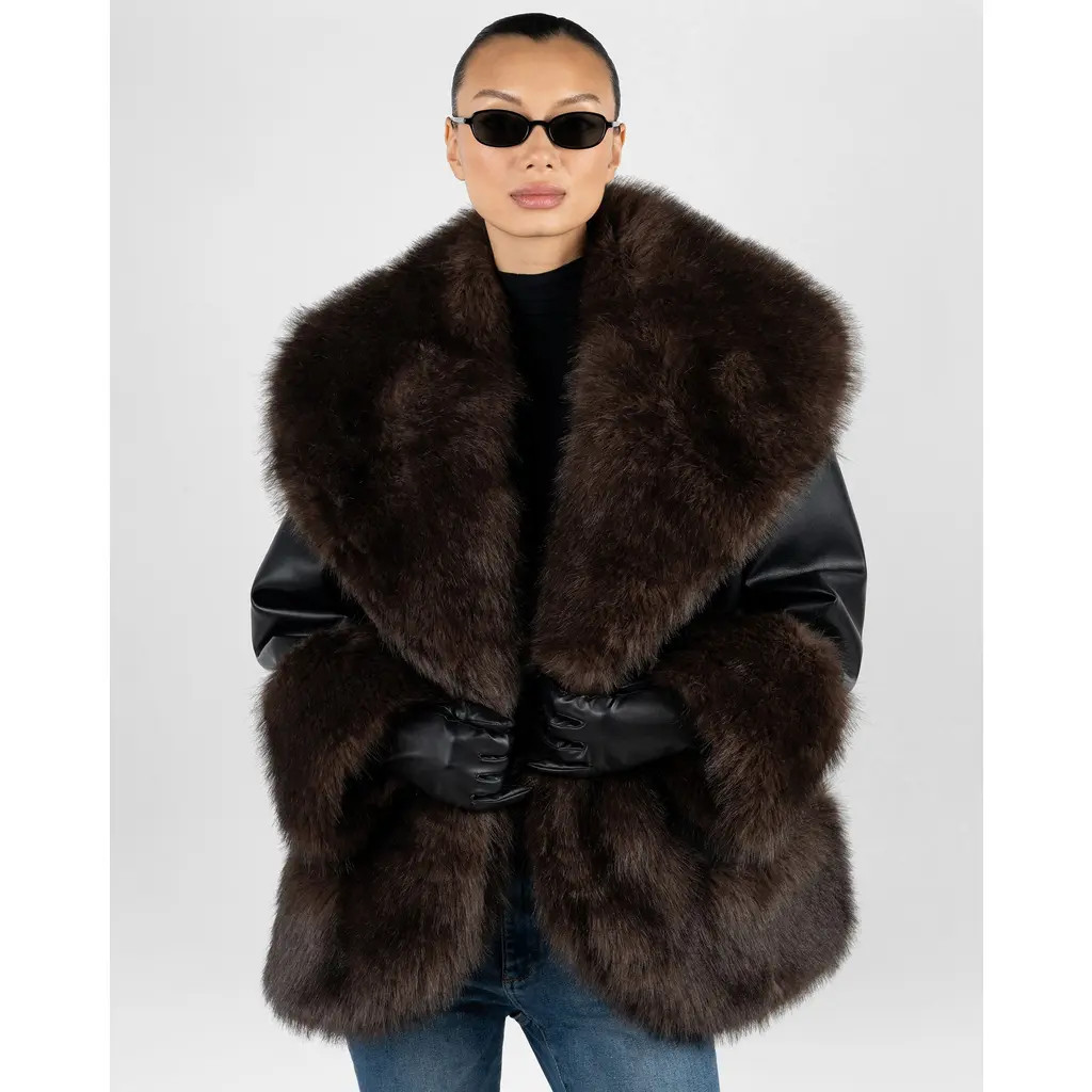WeWoreWhat Cocoon Fur Jacket in Black/drk Brown at Nordstrom, Size Small | Nordstrom