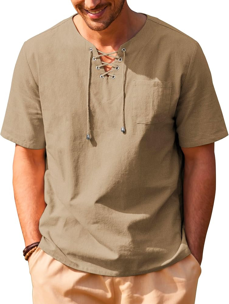 COOFANDY Men Casual Cotton Linen T Shirt Short Sleeve Beach Lace Up Hippie Shirt Yoga Renaissance... | Amazon (US)