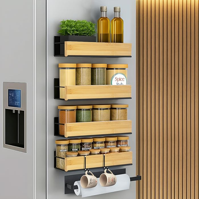 4 Pack Magnetic Spice Rack for Refrigerator – Strong Magnetic Shelf for Fridge, 4 Large Spice O... | Amazon (US)