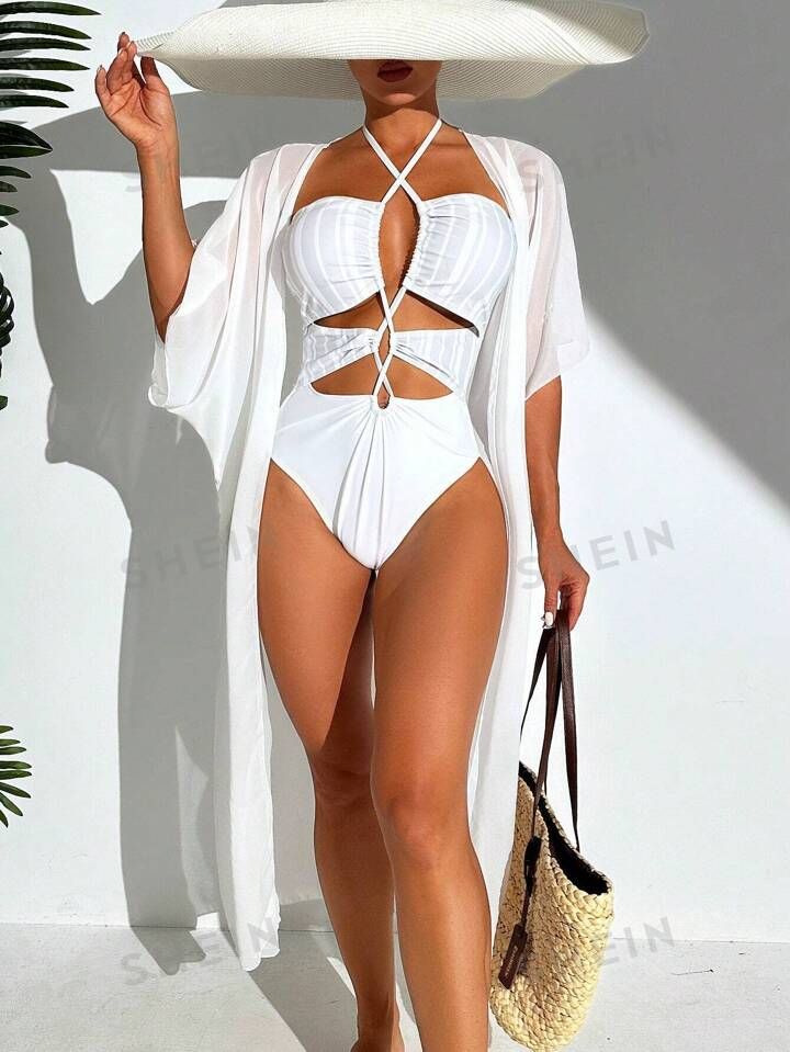 1pc Hollow Out Detail Cross Neck Halter One-Piece Swimsuit | SHEIN