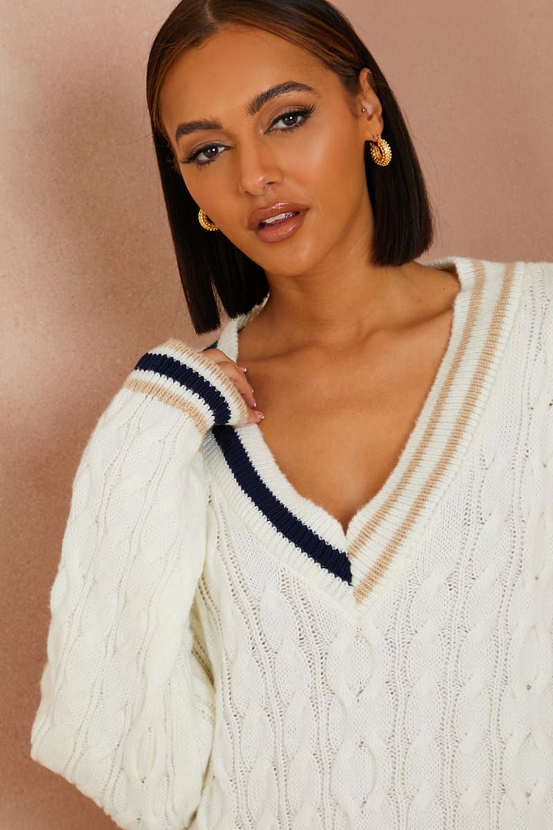 LORNA LUXE CREAM 'SPRING' VARSITY CONTRAST STRIPE DETAIL JUMPER DRESS | In The Style (UK)