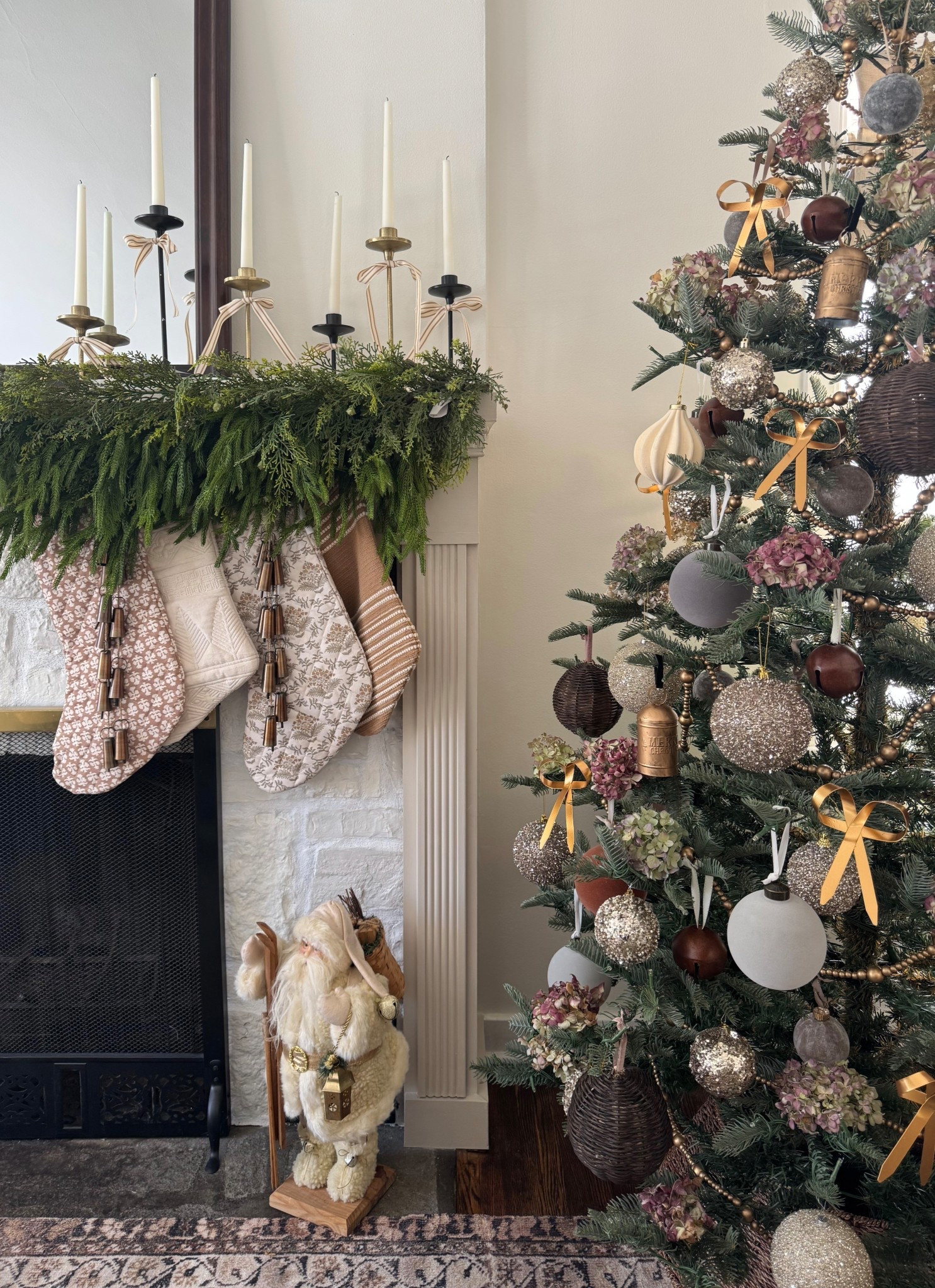 McGee & co ornaments, gold metal bows, oversized Christmas stockings 