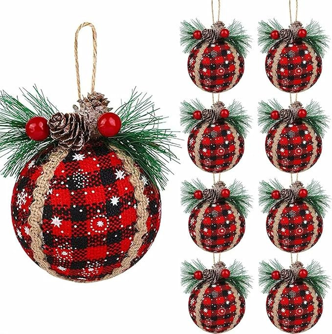 Iceyyyy 9PCS Christmas Plaid Ball Ornaments - 2 Inch Black & Red Buffalo Plaid Fabric Ball Orname... | Amazon (US)
