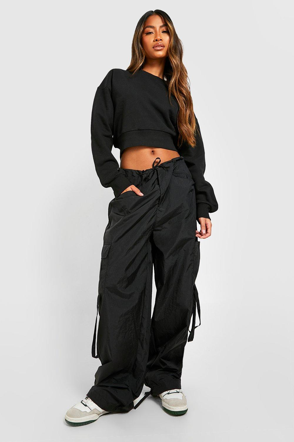 Womens Belted Cargo Parachute Pants - Black - 4 | Boohoo.com (US & CA)
