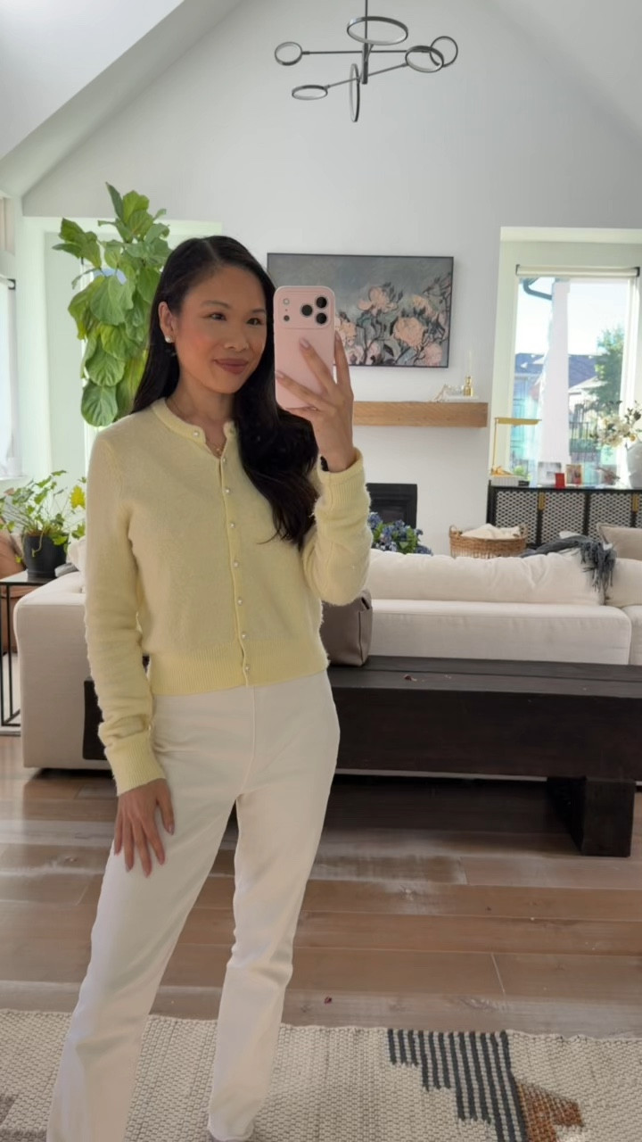 Spring outfit with cashmere cardigan that I adore in yellow! Styled with white pants that are Versatile for the season. 

#LTKootd #LTKSeasonal