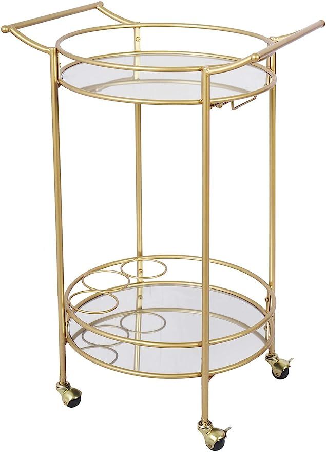 Round Gold Rolling Bar Cart with 2 Mirror Shelves, Glass Goblet Rack and Lockable Casters, Suitab... | Amazon (US)