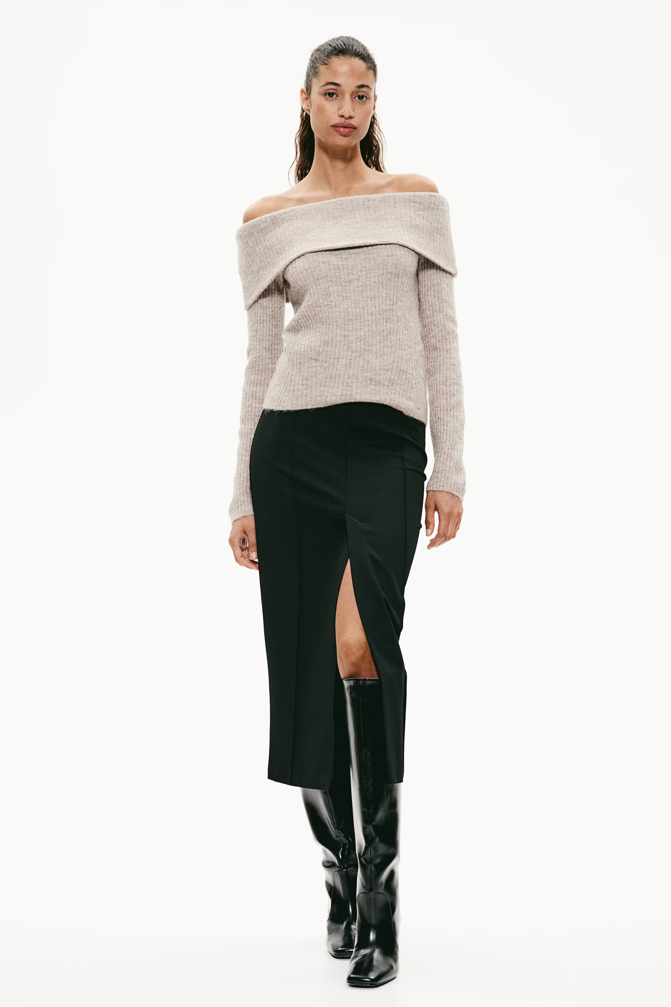 Off-the-shoulder Sweater - Long sleeve - Regular length - Beige melange - Ladies | H&M US | H&M (US + CA)