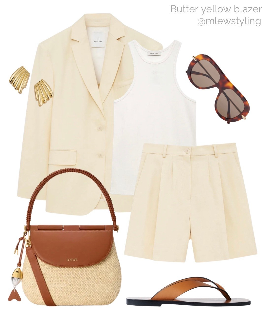 Blazer & tailored shorts for warm weather workwear 🤍

Tags: spring office outfit, summer work look, anine bing butter yellow blazer, tailored shorts, Loewe bag, leather flip flops, white tank top, Loewe aviator sunglasses, neutral aesthetic, capsule wardrobe 

#LTKootd #LTKWorkwear #LTKgrwm