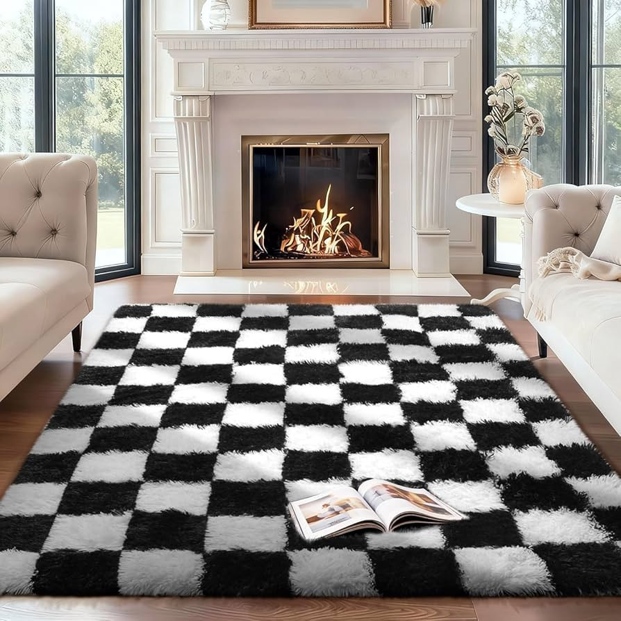 Ophanie Checkered Black & White Rug for Living Room Bedroom, Fluffy Soft Cute Fuzzy Area Rugs, Sh... | Amazon (US)
