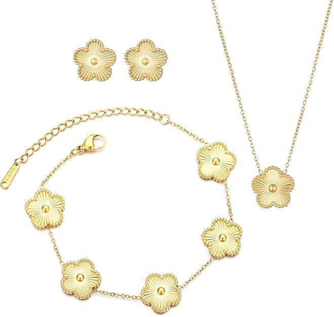 Clover Neckalce Earring Set for Women 14K Gold Plated Stainless Steel Four Leaf Clover Jewelry Se... | Amazon (US)