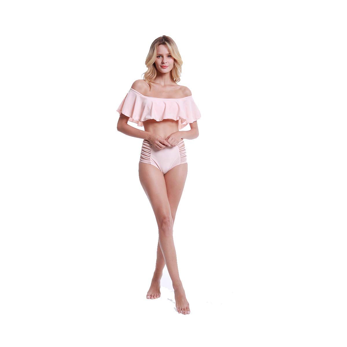 KeHuiYing Women's Two-Piece Swimsuit Off-Shoulder Ruffled Bikini Top High Waist Openwork Bottoms | Amazon (US)