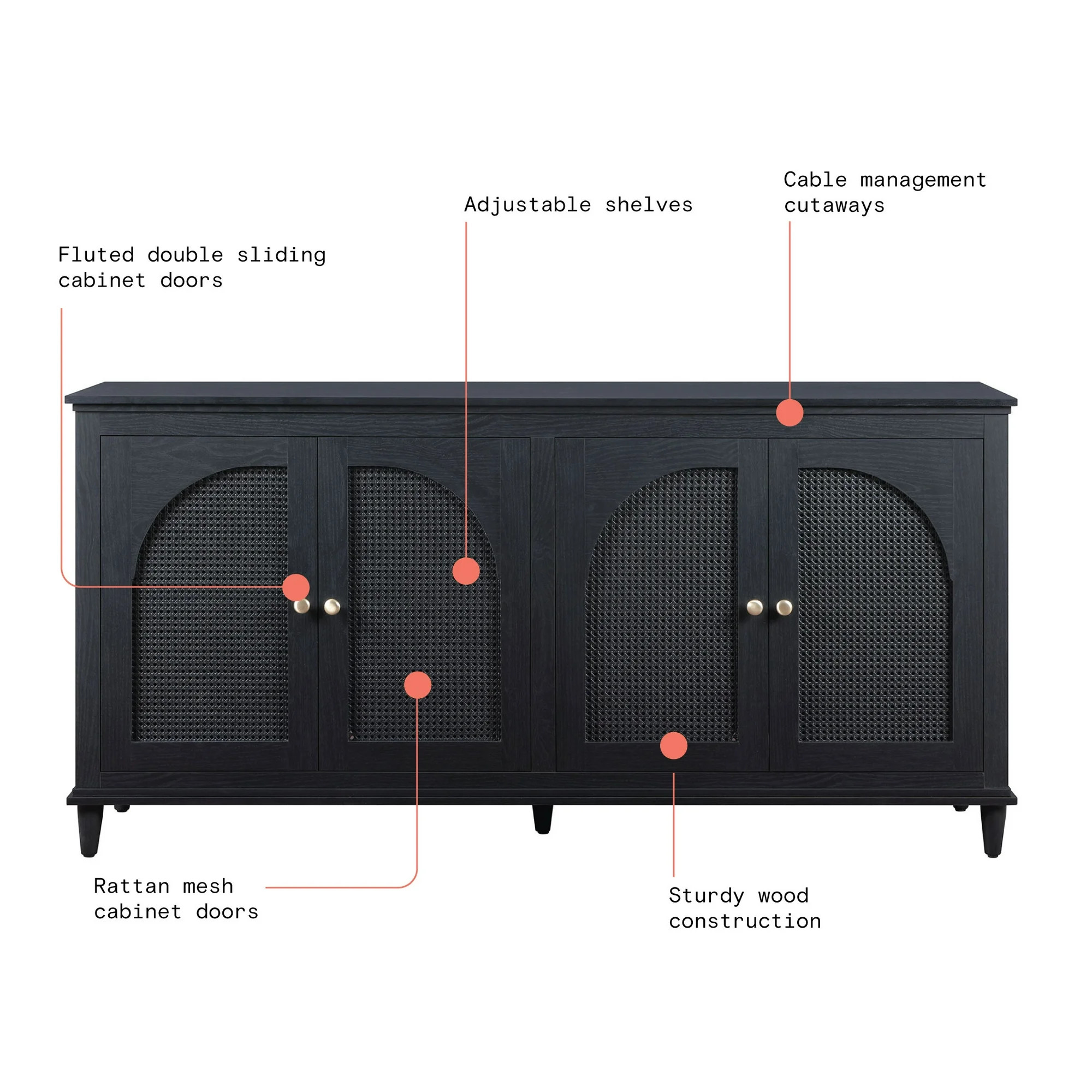 Beautiful Drew Rattan 4-Door Buffet Sideboard by Drew Barrymore, 2 Adjustable Shelves, Black Fini... | Walmart (US)