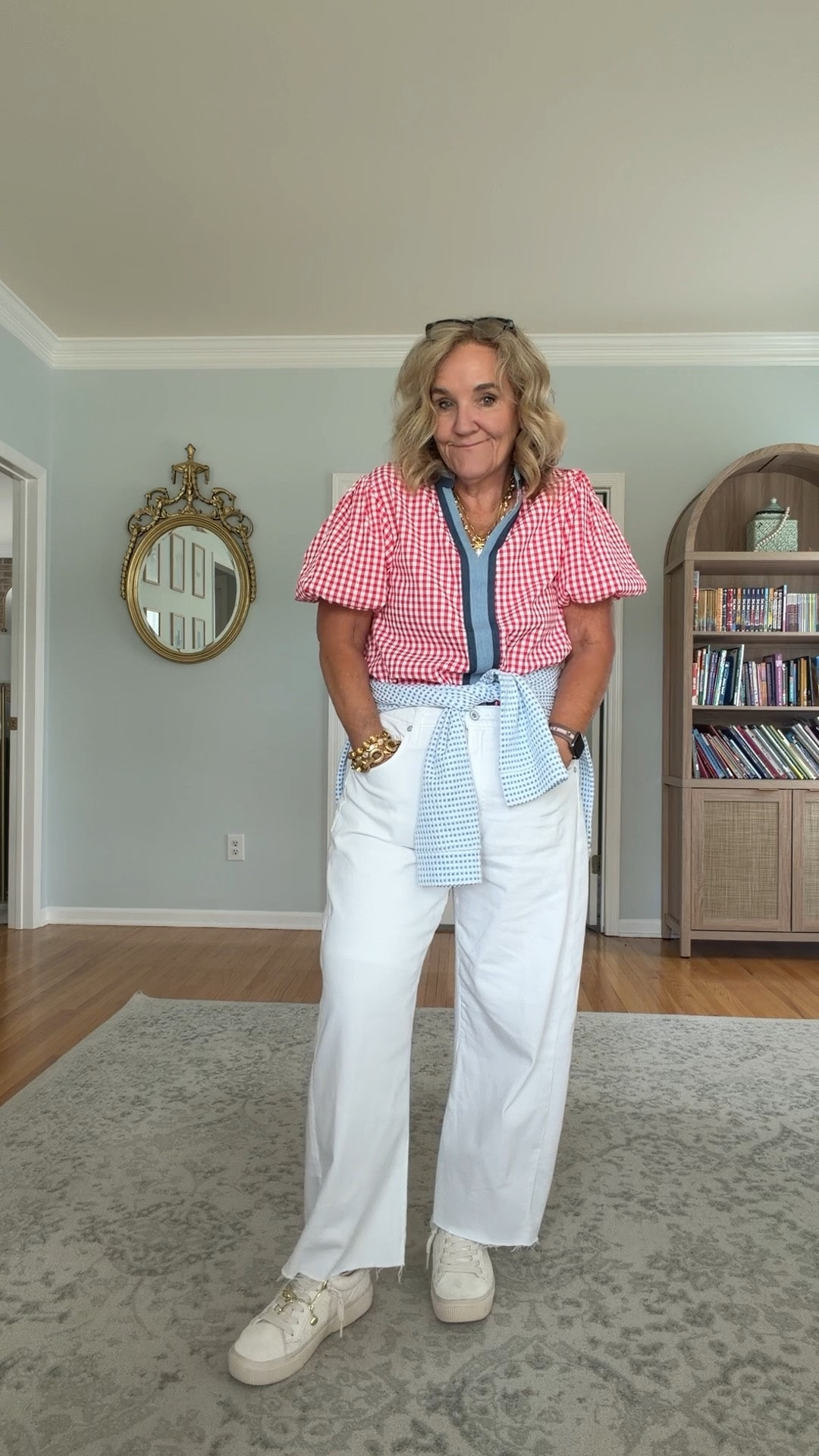 Heading home. Smirking. Hate leaving my kids. 
Top size medium 
Jeans sew a lightweight denim loose fit barrel size 29. I’ll also link 2 other options I love. 
Sneakers are very comfortable! 
Julie Vos jewelry. Some on the sale.

#LTKSaleAlert #LTKOver40 #LTKootd