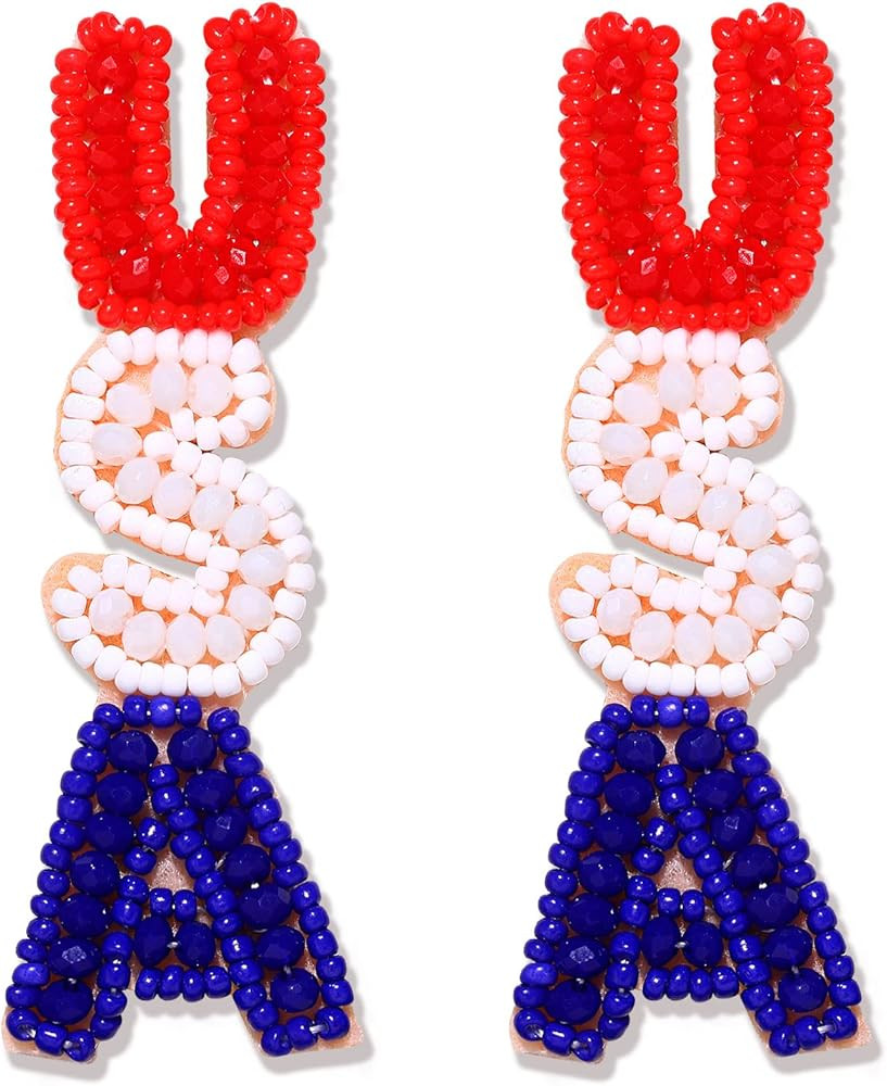 American Flag Earrings - Beaded Heart Star Flag Dangle Drop Patriotic Earrings for Women - Handma... | Amazon (US)