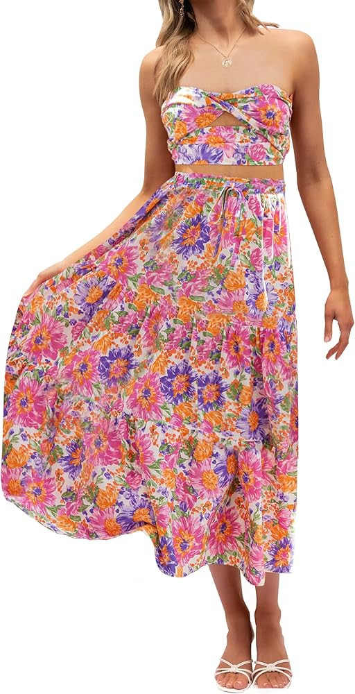 ZESICA Womens Skirts 2024 Pink Floral Maxi Skirt Floral Skirt Outfit Pink Floral Skirt Outfits | Amazon (US)