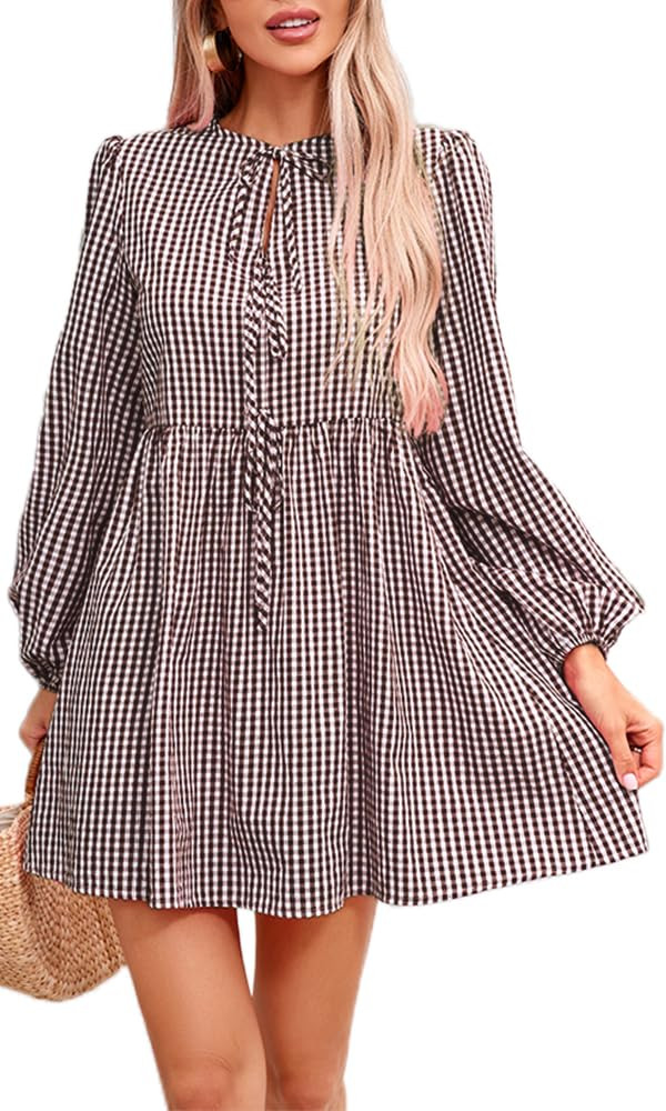Womens Gingham Dress Cute Long Sleeve Babydoll Flowy Mini Shirt Dress Casual Fall Plaid Clothes w... | Amazon (US)
