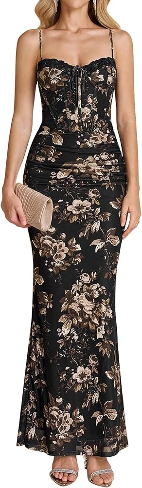 Corset Formal Wedding Guest Maxi Dress Vintage Lace Floral Ruched Bodycon Long Dresses for Women Elegant | Amazon (US)