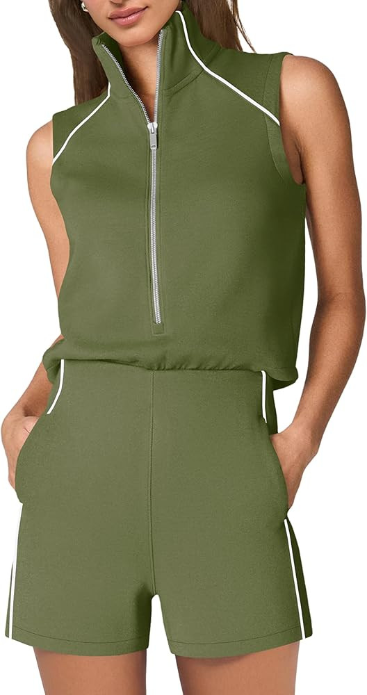 SENSERISE Rompers for Womens One Piece Jumpsuits Casual Sleeveless Half Zipper 2026 Summer Vacati... | Amazon (US)