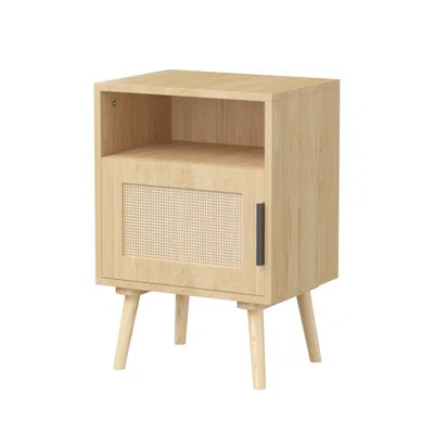 22.83'' H Rattan Nightstand, Side Table With Door Open Shelf, Accent Bedside End Table With Solid Wood Legs For Bedroom, Dorm And Small Spaces, Oak | Wayfair North America