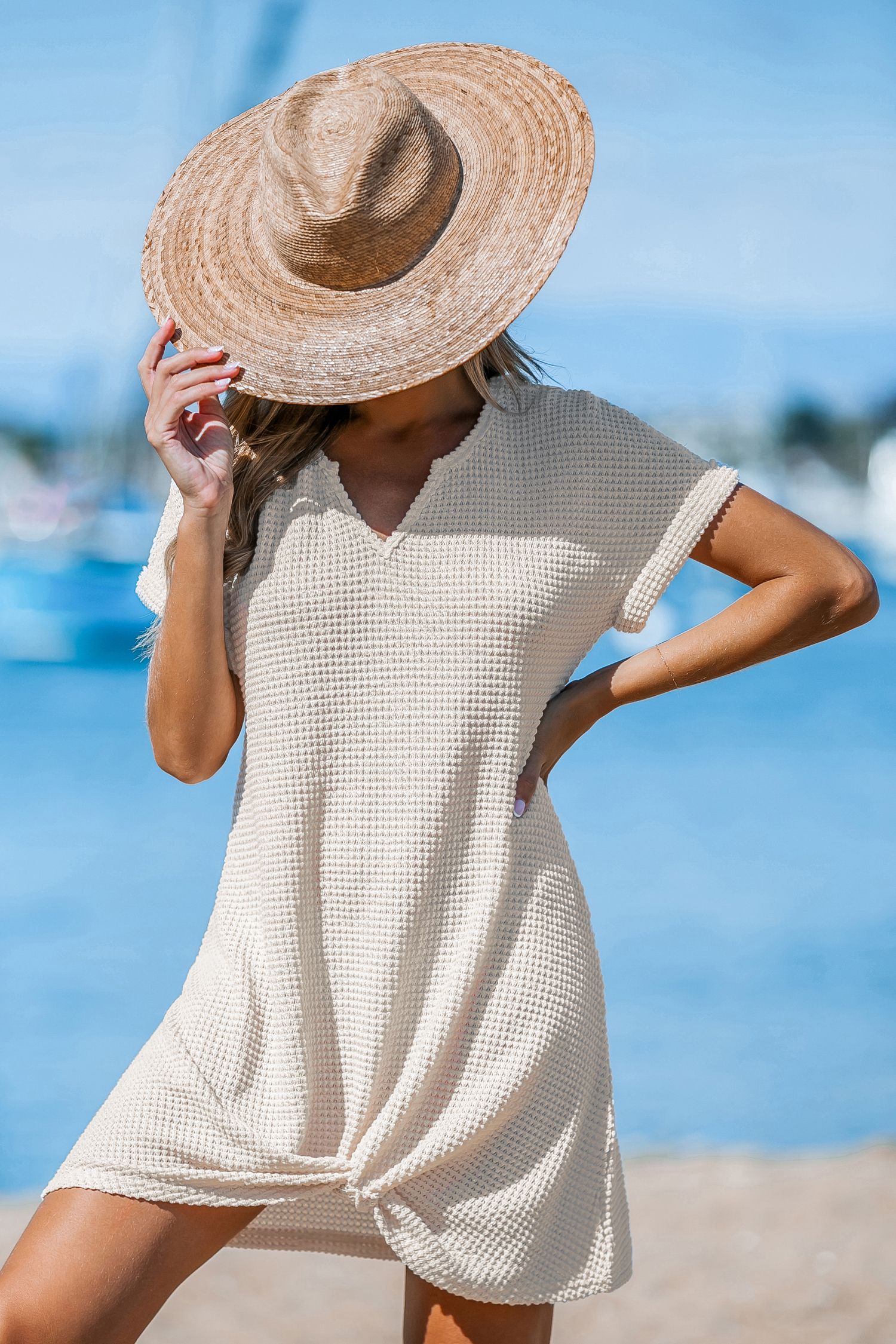 Beige Waffle Knit Short Sleeve Hem Twist Mini Cover-Up | Cupshe US