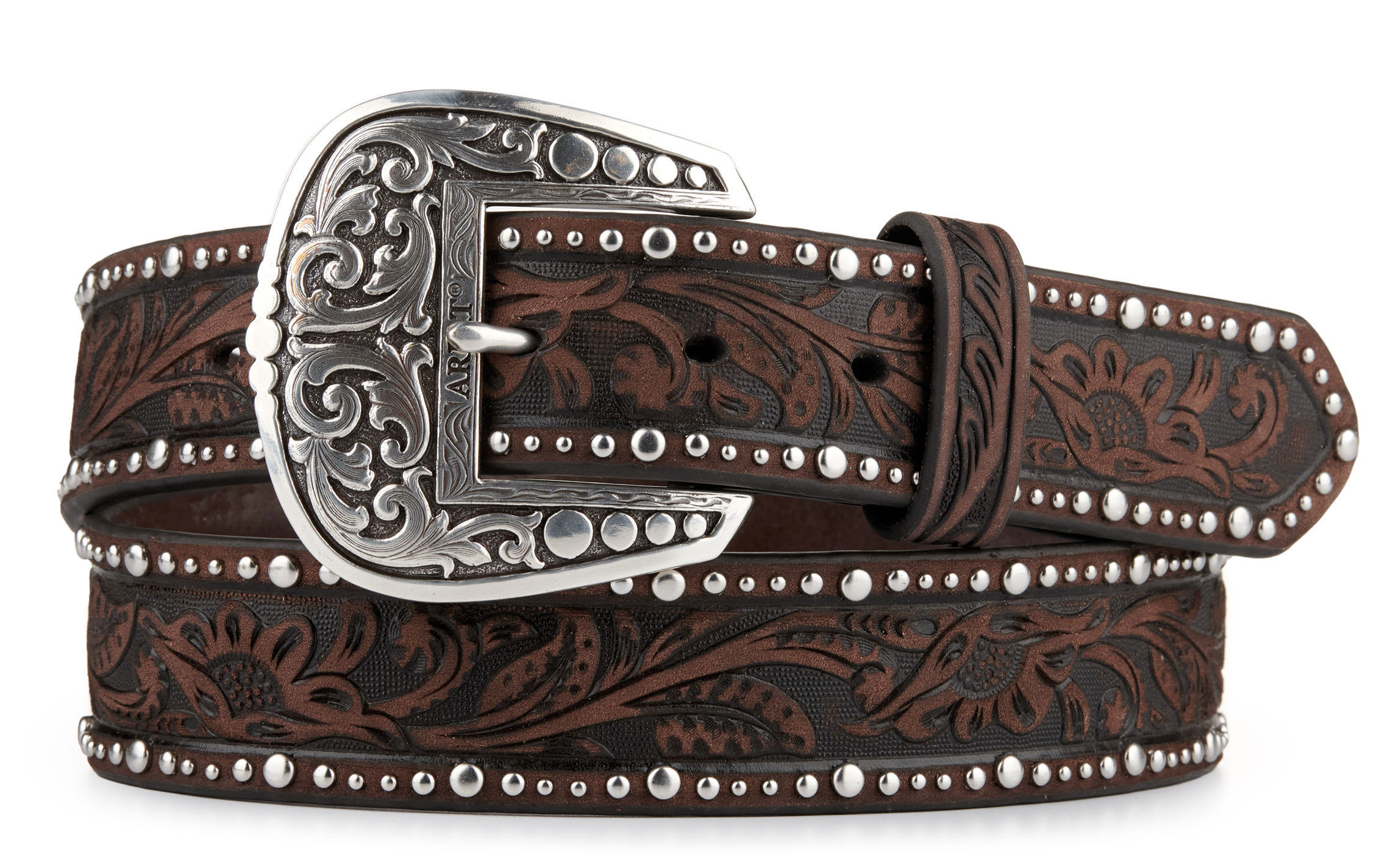 Ariat Women's Dark Brown with Floral Tooling and Studs Trim Belt - XL - From Cavender's | Cavender's