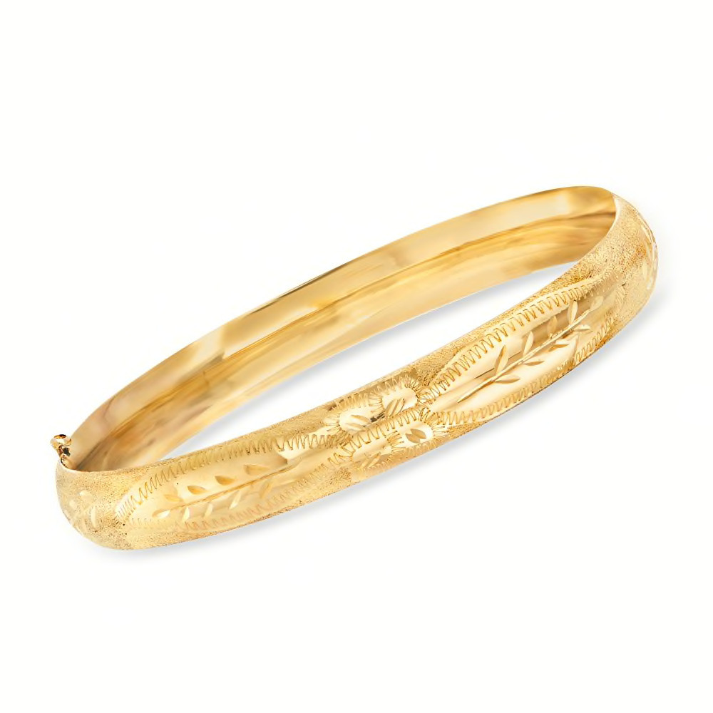 14kt Yellow Gold Floral Etched Bangle Bracelet. 7" | Ross-Simons