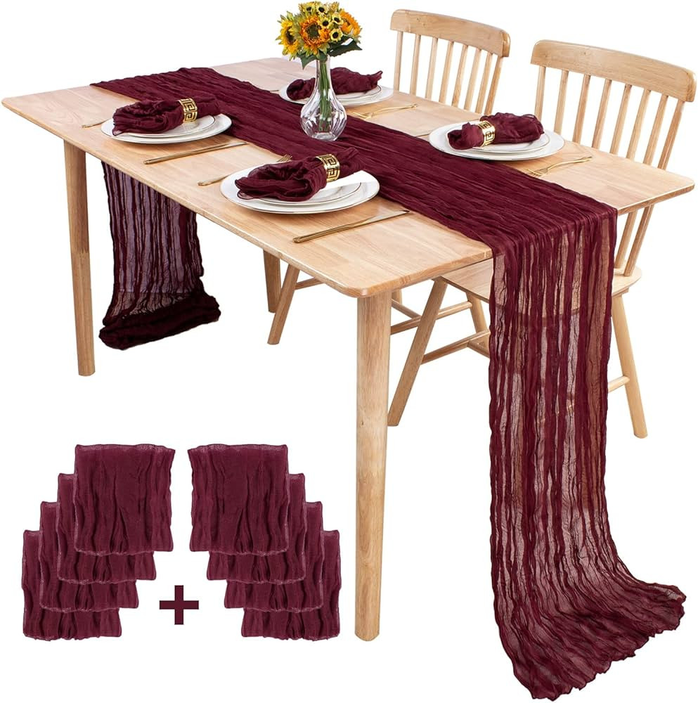 SAJOO Burgundy Cheesecloth Table Runner with Napkins Boho Rustic Gauze 15FT Table Runner with Set... | Amazon (US)