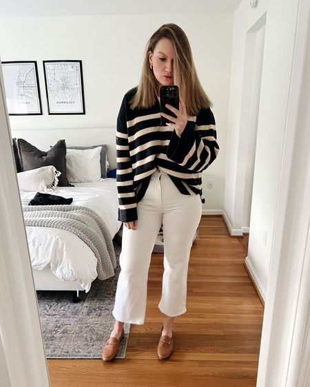 Loving this gorgeous striped half-zip sweater with white pants for a cozy look!