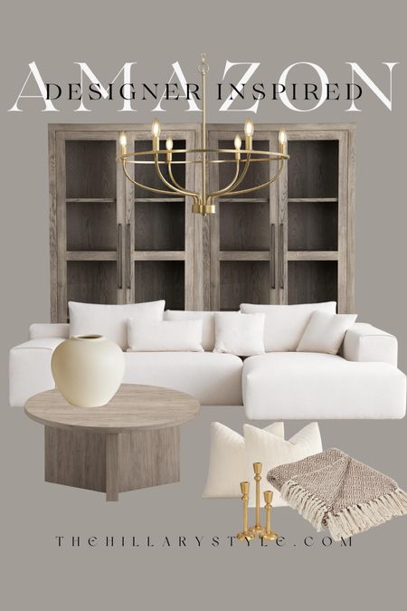 AMAZON Modern Home: Accent cabinet, gold chandelier, coffee table, throw pillow & blanket, candlestick holders, white sectional sofa. 

#LTKHome #LTKSeasonal #LTKStyleTip