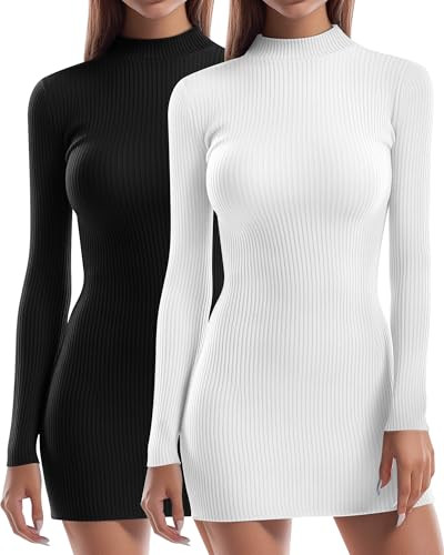 Riyiper 2 Pack Women's Mock Turtle Neck Ribbed Dresses Long Sleeve Knit Basic Casual Bodycon Mini Short Dress (Black, White,XL) | Amazon (US)