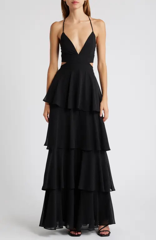 Lulus Tier & Now Waist Cutout Gown in Black at Nordstrom, Size Large | Nordstrom