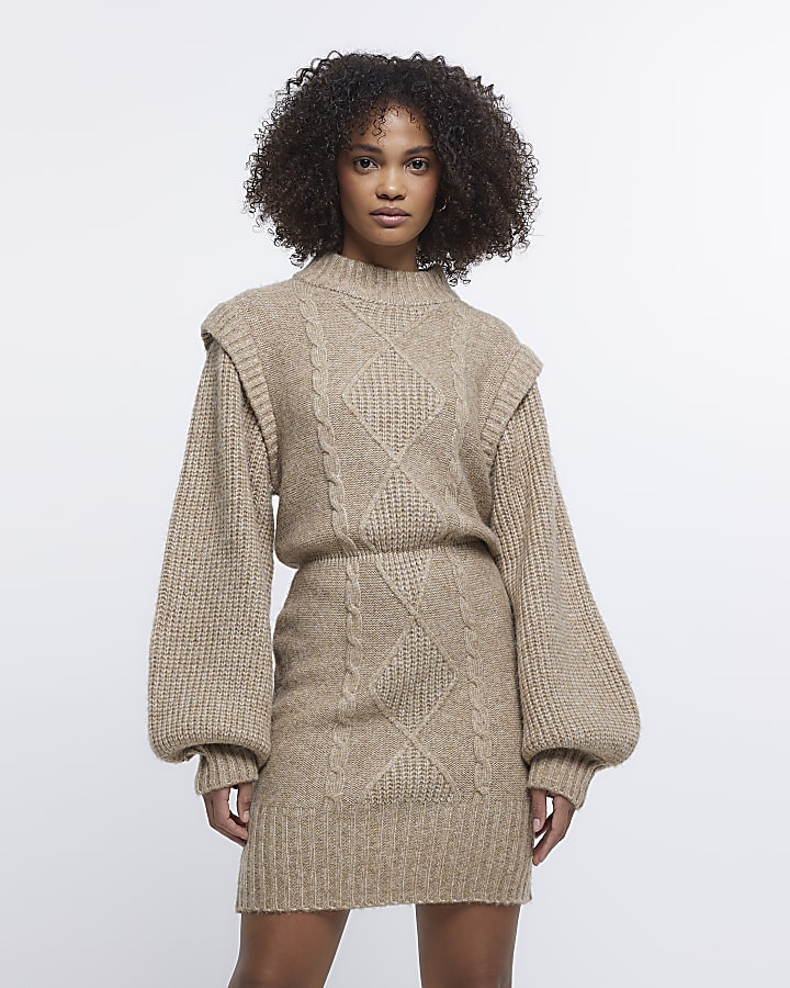 Beige knitted shoulder pad jumper mini dress | River Island (UK & IE)